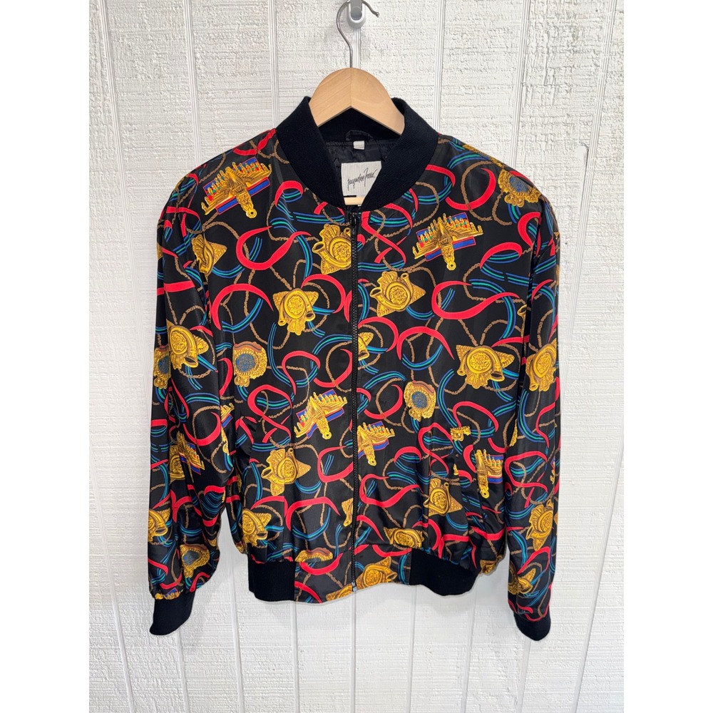 Jacqueline Ferrar Bomber Jacket Women Black Gold Chain Medallion Print OSFM